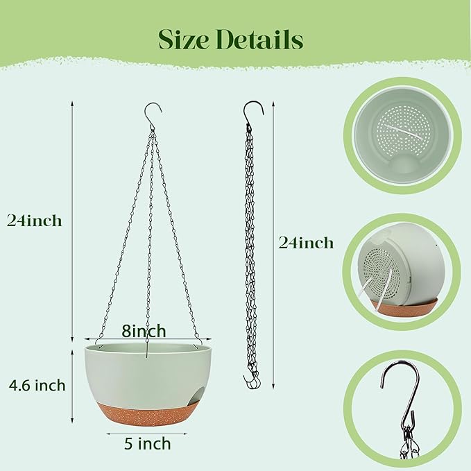 Set of 2-8 Inch Self Watering Hanging Planters for Indoor Outdoor，Hanging Plant Pots with Drainage & Removable Tray, Hanging Pots Holder for Ivy, Pothos, Ferns, Balcony & Patio, Green Brown