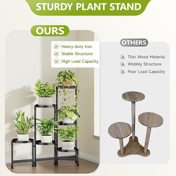 6 Tier Plant Stand Indoor, Tiered Plant Stand Outdoor for Multiple Plants, Corner Plant Shelf for Patio Balcony Porch Garden Living Room House, Black