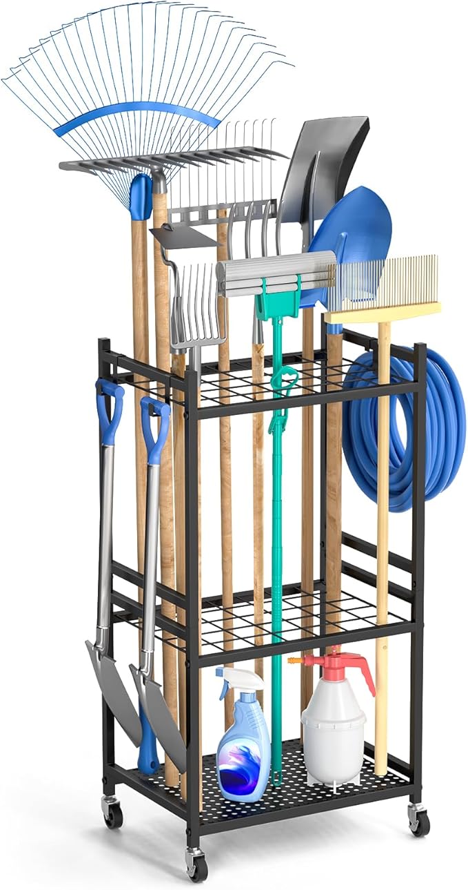 Garden Organizer With Wheels, Yard Tower Rack for Garage Storage, Up to 35 Long-Handled Tools, Sturdy Metal Steel Holder With 3 Hooks, Outdoor, Black