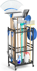 Garden Organizer With Wheels, Yard Tower Rack for Garage Storage, Up to 35 Long-Handled Tools, Sturdy Metal Steel Holder With 3 Hooks, Outdoor, Black