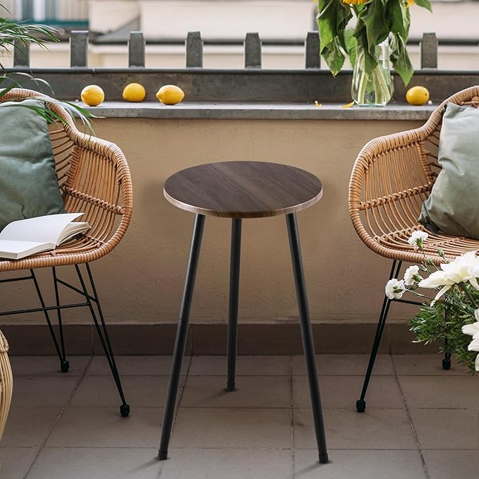 Metal Outdoor Side Tables Set of Two Small Outside Round End Table for Patio Modern Accent Garden Corner Table for Small Spaces, Balcony, Porch, Weather-Resistant Plant Stand Indoor, Woodgrain