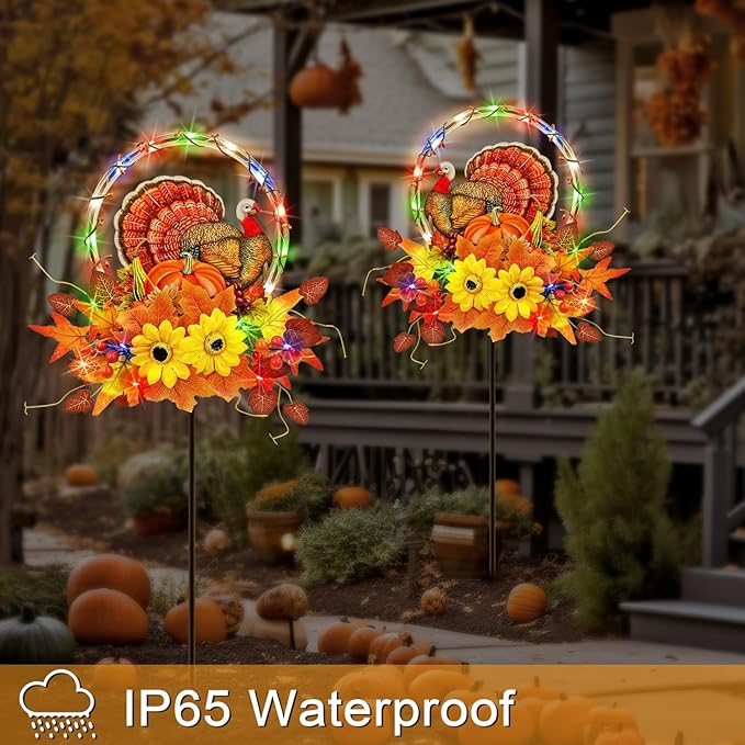 Solar Thanksgiving Turkey Outdoor Decor with Multi-Colorful Lights,Fall Yard Sign Garden Stake for Pathway,Patio or Farmhouse Porch