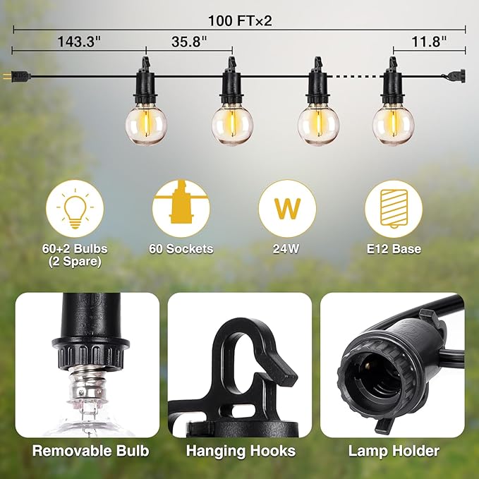 ZJOJO 200FT Outdoor String Lights, G40 Globe Outdoor Lights with 60 Shatterproof LED Bulbs 2700K, IP65 Waterproof Patio Light String Lights for Outside Backyard Porch Party