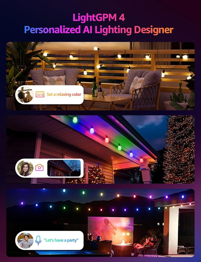 Lepro ZB1 AI Smart Outdoor String Lights APP Control, 54(42+12) ft RGB+IC+Warm White Outdoor Lights 15 LED Bulbs, Alexa Google Home Enable, AI Generated Lighting LLM, NO Remote 2.4 GHz WiFi+Bluetooth
