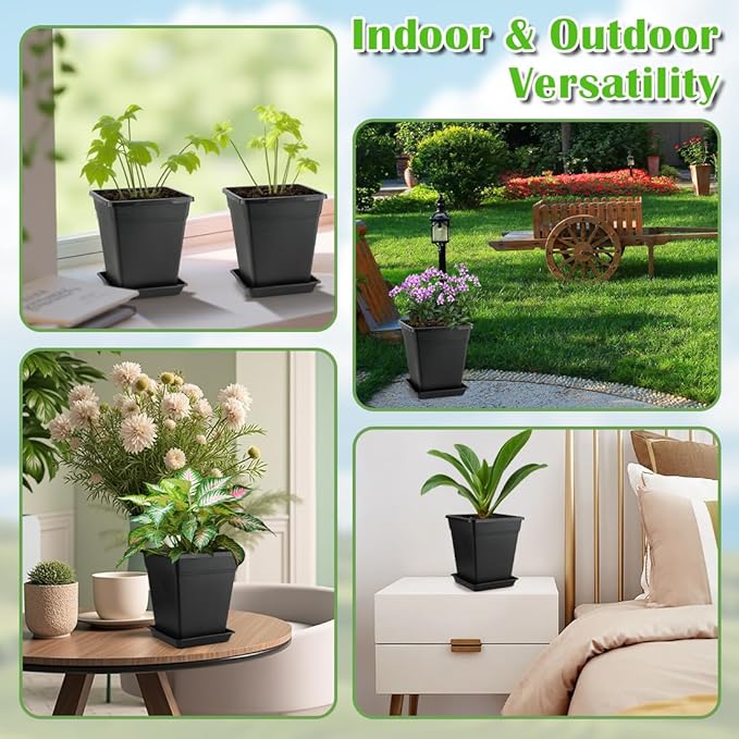 6 inch Plant Pots, 10 Pack Flower Pots Outdoor Indoor, Square Plastic Planter with Drainage Holes and Saucers, 0.5 Gallon Planter Pots for Plants Deep Capacity Garden Pot Container with Tray