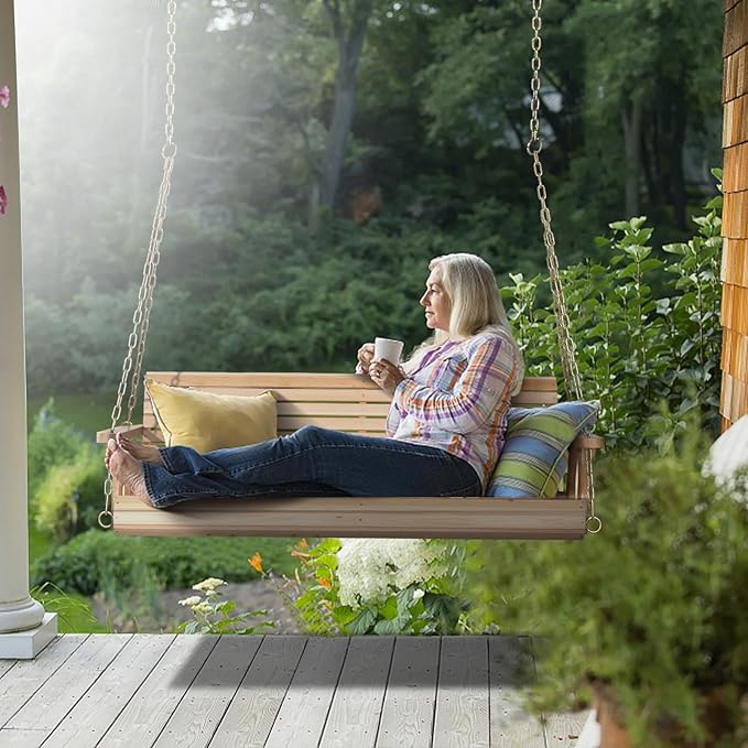 VINGLI Upgraded Patio Wooden Porch Swing for Courtyard & Garden, Heavy Duty 880 LBS Swing Chair Bench with Hanging Chains for Outdoors (Natural, 4 FT)