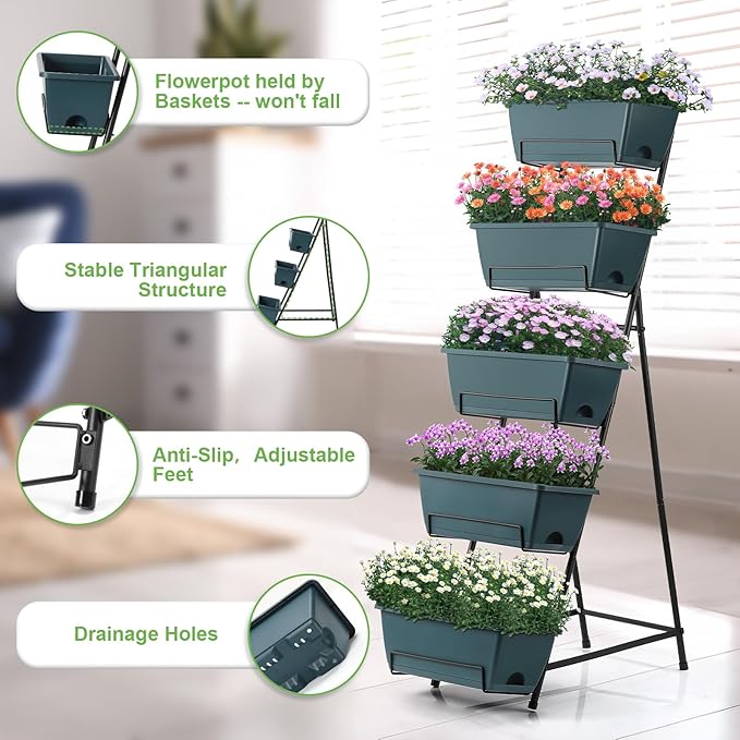5 Tier Vertical Raised Garden Bed Planter Box, Vertical Raised Bed with Drainage Holes for Indoor Outdoor Herbs Flowers Vegetables Plants,Green