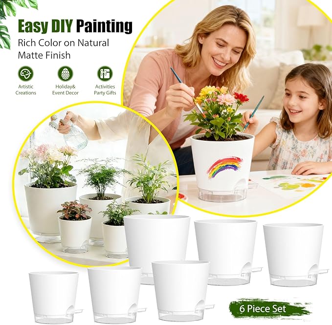 Plant Pots 4/5/5.5/6/6.5/7 Inch Self Watering Pots, 6 Pack Plastic Planters with Drainage Holes and Clear Saucers,Plastic Flower Pots,Nursery Planting Pot for Indoor Out Door Plants(White)