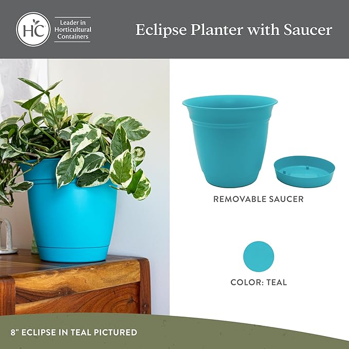 The HC Companies 16 Inch Eclipse Round Planter Pots with Drainage Holes & Attached Saucer, Lightweight UV-Resistant Plastic Indoor & Outdoor Planters, 2-Pack Flower Pots for Garden & Home Decor, Teal