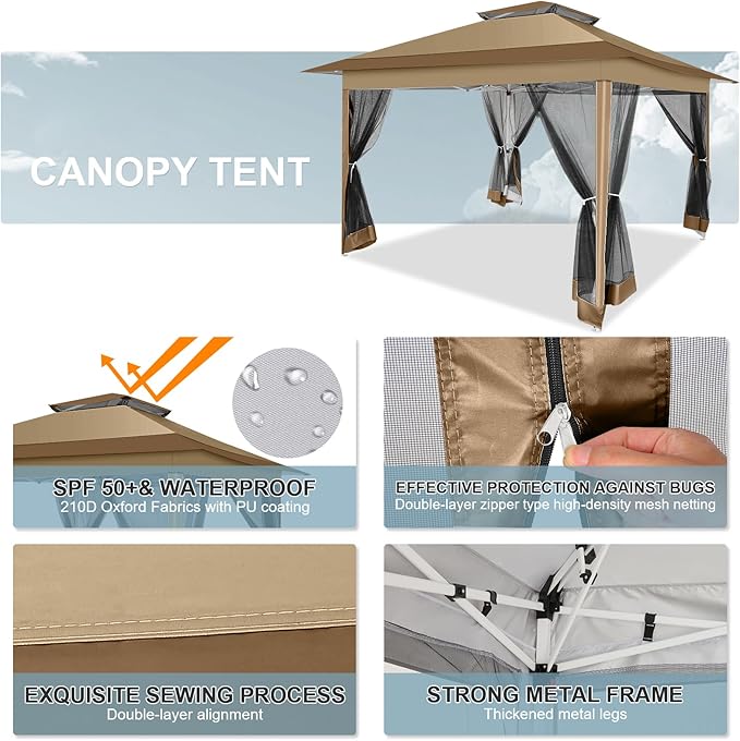 COBIZI 12x12 Pop up Gazebo on Clearance Canopy Tent, carpas para Patio, Outdoor Canopy with Portable Carrying Bag for Vendor, Outdoor Patio Gazebo for Garden, Backyard,Beach, Brown