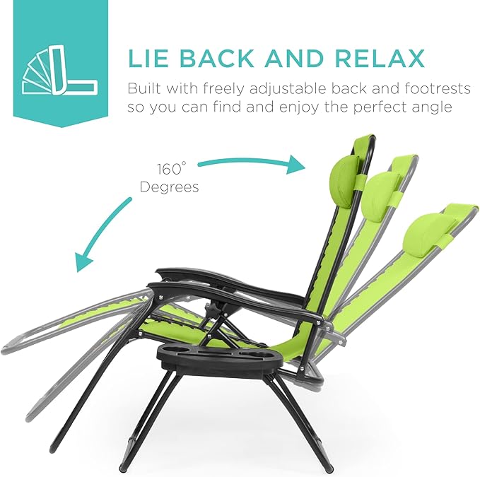 Best Choice Products Set of 2 Adjustable Steel Mesh Zero Gravity Lounge Chair Recliners w/Pillows and Cup Holder Trays - Lime Green