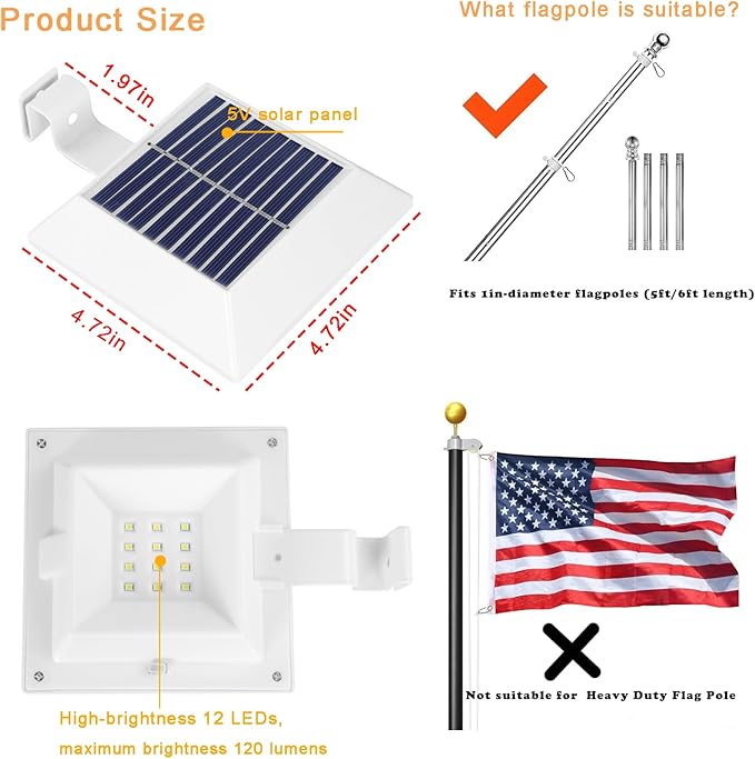 Solar Flag Pole Light, Bright White 6000k Flagpole Light Upgrade Solar Powered for 5ft 6ft Flag Pole,Waterproof Outdoor Dusk to Dawn Led Solar Lights,Outside House Garden Yard American Flags Decor
