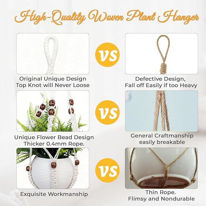35 Inch Macrame Plant Hanger, Large for up to 15 Inch Pot Extra Long Hanging Planter Holder Basket with Wood Beads for Indoor Outdoor Home Decor (Ivory, 2-Pack)