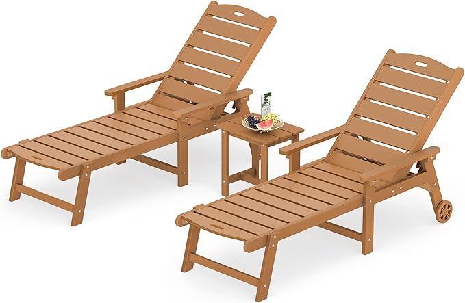 LUE BONA Chaise Lounge Chairs Set with Table, 3-Piece, 79'' Oversized HDPS Chaise Lounger, 5 Positions Adjustable Lounge Chairs, Pool Lounge Chair with Wheels for Poolside, 3 Year Warranty, Teak Color