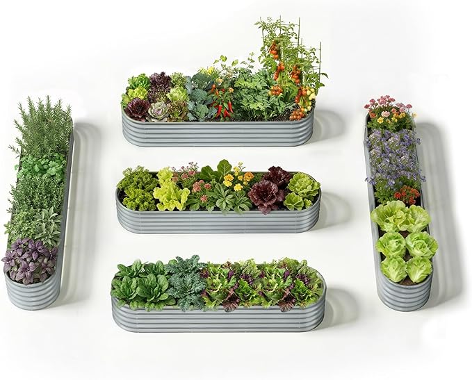 5-Pack 18” Tall Galvanized Raised Garden Beds – Everyday Kitchen Garden Layout, Fits 200 Sq Ft Patio or Backyard, 10x2x1.5 ft & 8x2x1.5 ft Metal Flower Bed for Herbs Vegetable-Brooklyn Grey