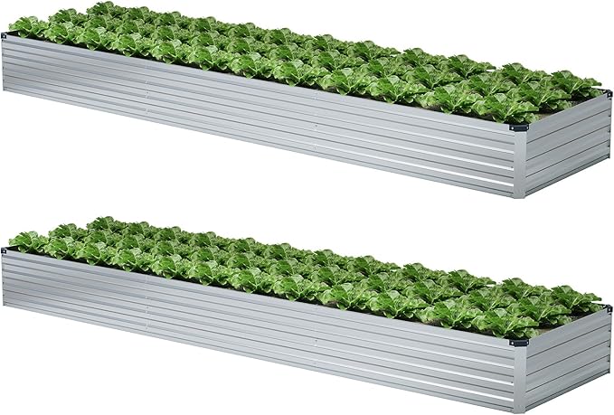 2 Pack 12x2x1FT Galvanized Raised Garden Bed Kit, Outdoor Metal Planter Box for Vegetables, Bottomless Rectangular Gardening Bed with Support Rods, Tool-Free Assembly, Silver