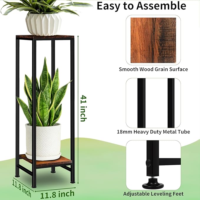 41" Tall Plant Stand Indoor, 2 Tier Plant stands for Indoor Outdoor Plants, Heavy Duty Flower Stand Metal Pedestal Stand Modern Display Rack for Living Room, Brown