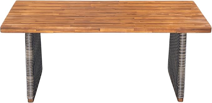 Christopher Knight Home Pasco Acacia Wood Outdoor Dining Table Set for 6, Wicker Patio Dining Set with Acacia Wood Table and Bench, Patio Table and Chair Set with Cushion+Rope Backrest, Teak+Grey