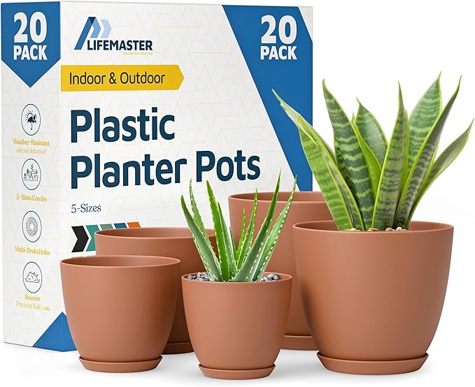 Terracotta Plant Pots with Drainage Holes & Saucers 20 Pack, Indoor & Outdoor Stackable Space-Saving Planters for Houseplants & Flowers, (7", 6.7", 6", 5.3", and 4.8" Inches), Durable & Weatherproof
