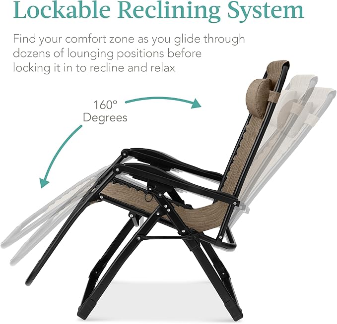 Best Choice Products Oversized Zero Gravity Chair, Folding Outdoor Patio Recliner, XL Anti Gravity Lounger w/Removable Cushion, Cup Holder, Side Tray, 350lb Capacity - Taupe