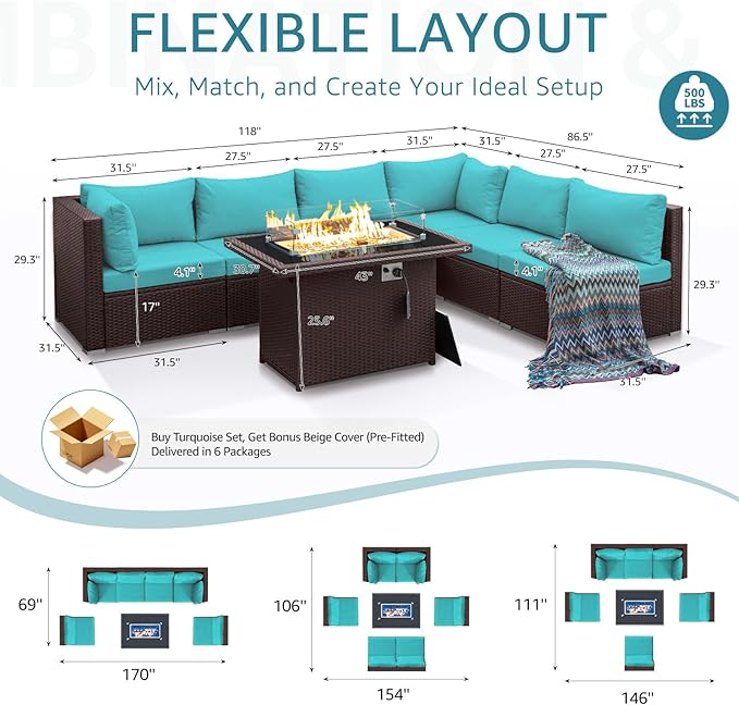 NICESOUL 7 Piece Outdoor Furniture Set with Firepit Natural Gas & Propane, Plus Size Big Modern Patio Conversation Couch, 29.3 High Back Comfy Sectional Sitting Group, Brown Rattan and Teal Cushoin