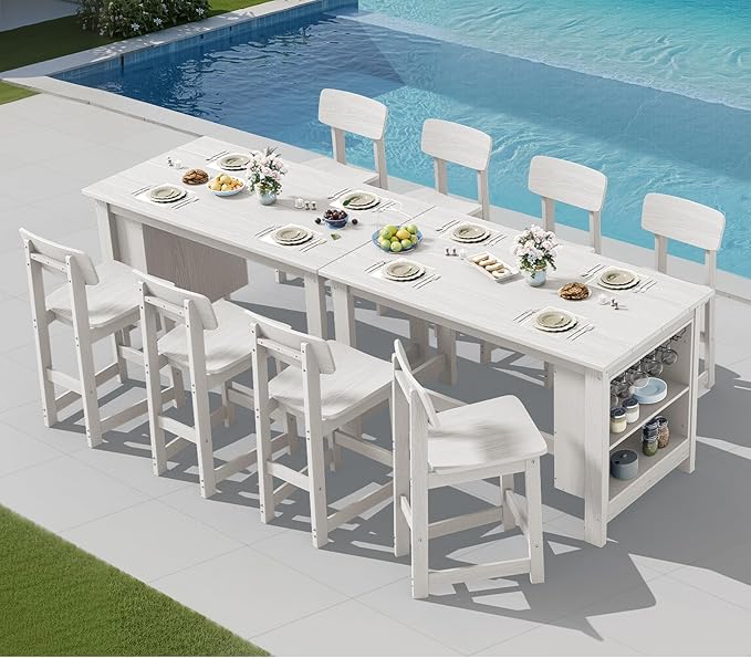 SERWALL Outdoor Bar Table, All Weather HDPE 36" Counter Height Dining Table with Storage and Wine Rack for Patio, Garden, Backyard, Balcony, Poolside, White