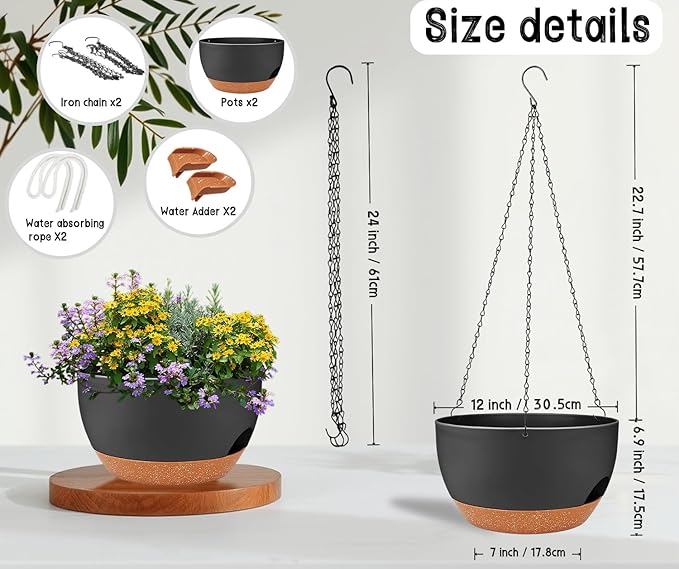 2 Pack 12 Inch Self Watering Hanging Planters for Indoor Plants, Large Black Brown Plastic Hanging Pots with Chains for Outdoor Patio Garden Home Decor Black Brown