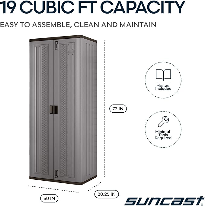 Suncast Tall Storage Cabinet, Platinum Resin Garage Storage Cabinet with Doors & Shelves, Plastic, Lockable, Freestanding Utility Closet for Tools & Supplies, Made in USA