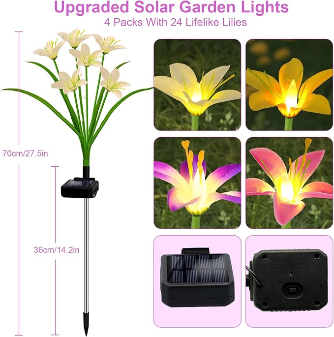 Solar Garden Lights New Upgraded Solar Wild Lily Flower Lights, Yard Patio Pathway Deco High Flexibility Copper Wire & Handmade Silk Artificial Flowers Never Wither, Gift for Family Friends