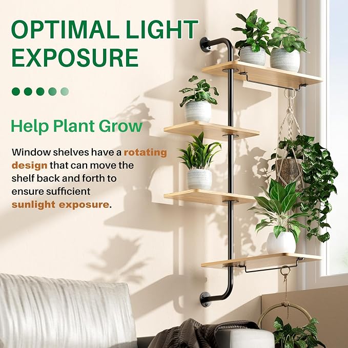DELLAN 4-Tier Rotating Window Plant Shelf, Wall Mounted Indoor Hanging Plants Shelf, Modern Style