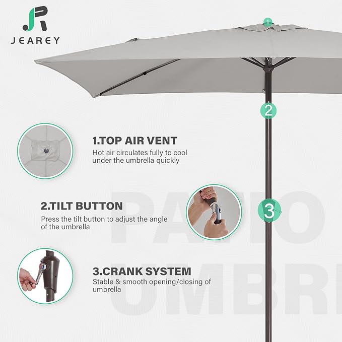 JEAREY 6.5x10 ft Rectangular Patio Umbrellas Rectangle Outdoor Umbrella with Push Button Tilt and Crank, Market Table Umbrella 6 Sturdy Ribs UV Protection for Poolside Garden Backyard Deck, Foggy Gray