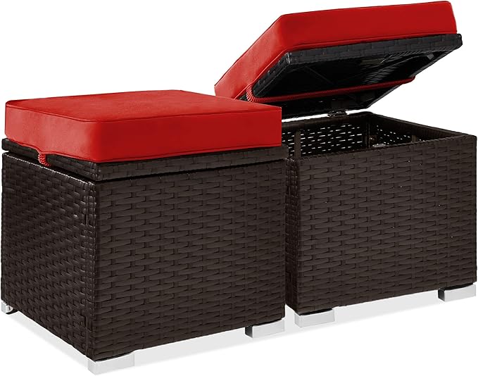 Best Choice Products Set of 2 Wicker Ottomans, Multipurpose Outdoor Furniture for Patio, Backyard, Additional Seating, Footrest, Side Table w/Storage, Removable Cushions - Red/Brown