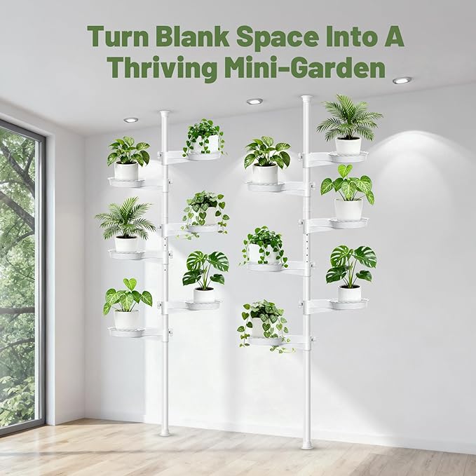 Tension Rod Plant Stand, Plant Poles for Hanging Plants Indoor, 6 Tier Tension Pole Plant Hanger, Floor to Ceiling Plant Pole with 6 Trays Hanging Plant Stand, White