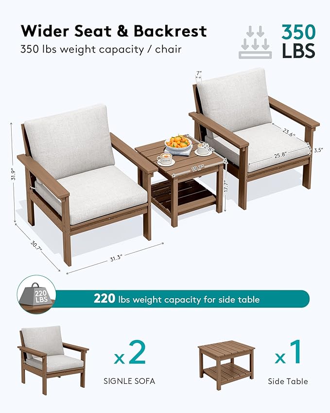 SERWALL HDPE Patio Sofa Set, 3-piece Sectional Outdoor Furniture Set, All Weather Outdoor Couch Set Patio Furniture Set for Deck, Lawn, Brown Frame with Khaki Cushion