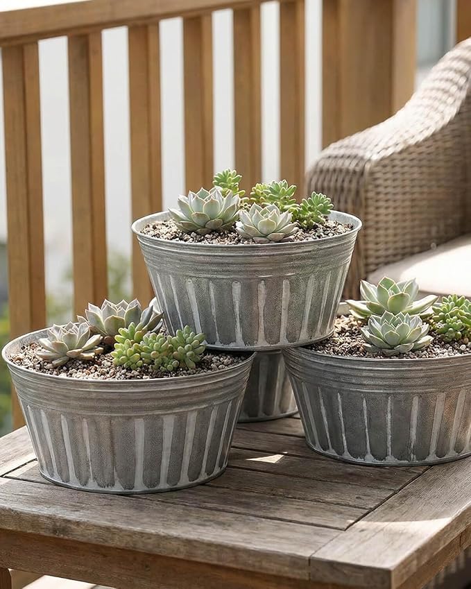 vensovo 10 Inches Silver Metal Rustic Plant Pots - 4 Pcs Large Shallow Galvanized Planters with Drain Hole and Rubber Plug, Rustproof Tin Bucket Succulent Pot Indoor Farmhouse Vintage Style for Decor