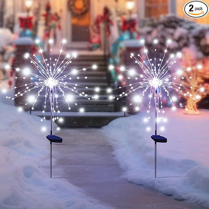 Solar Garden Firework Lights Outdoor Waterproof, 2 Pack Solar Powered Art Stake Twinkle Lighting for Outside Decor, 120 LED Sparklers String Lights for Yard Pathway Decorations(White)