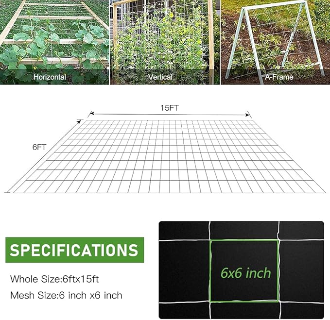 Trellis Netting, CANAGROW Heavy-Duty Garden Plant Trellis Netting for Climbing Plants, Outdoor Indoor Grow Net for Beans Tomatoes Peas Pumpkin Flowers, 6x15ft, 1 Pack
