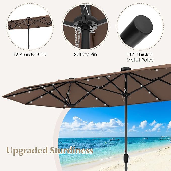 Tangkula 9 Pieces Rattan Outdoor Dining Set with 13Ft Solar Patio Umbrella for 6, Outdoor Wicker Table Set with 8 Cushioned Chairs, Acacia Wood Top, Outdoor Umbrella with Base Included