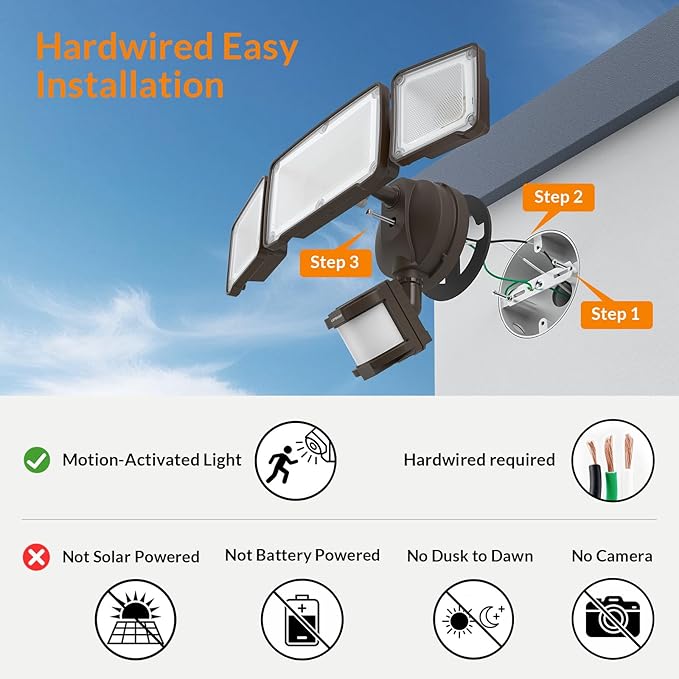 LEPOWER LED Security Light Motion Sensor Light Outdoor, 38W 4200LM Motion Security Light, 5500K, IP65 Waterproof, 3 Head Motion Detected Flood Light for Garage, Yard, Porch (Brown)