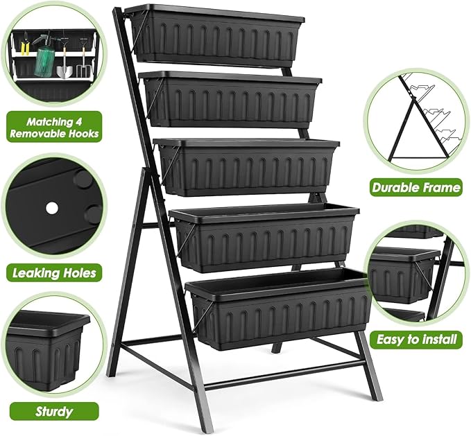 SEJOV 4FT Vertical Raised Garden Bed, 5 Tiers Elevated Planter Box for Herbs Vegetables Flowers, Graden Vertical Planter with Drainage System for Patio Balcony Garden Outdoor Indoor Plants (Black)
