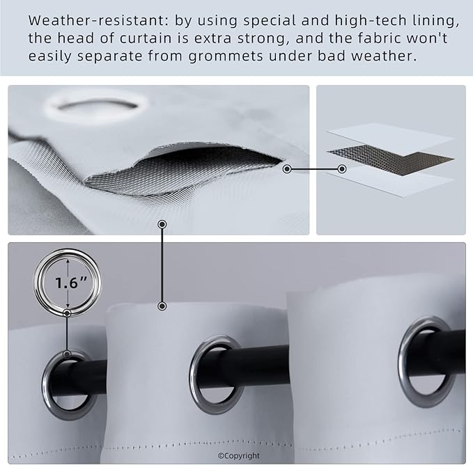 Water Proof Outside Curtains with Grommet Top for Porch, W84 x L95 Thermal Insulated Washable Light Block Outdoor Divider Drapes for Patio Gazebo Deck Pool Area Pergola Cabana (2 Panels)