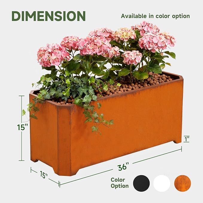 Corten Steel Planter Box-36"x15"x15"-Large Rectangular Planters For Outdoor Plants, Heavy Duty Rustic Tall Planter With Raised Support Feet For Patio, Deck, Garden, Yard, Drain Holes, Easy Assembly
