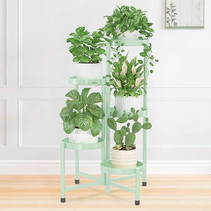 iDavosic.ly Plant Stand Indoor Outdoor, 5 Tier Corner Metal Flower Display Holder Shelf, Easy Assembly Folding Tall Orchid Rack for Patio Balcony Porch Garden Living Room House, Light Green