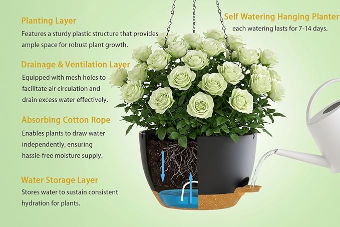 Hanging Planters, 3-Pack 10 Inch Self-Watering Pots with Drainage Holes and Chains, Matte Plastic Planters for Indoor/Outdoor Plant（Black Brown）