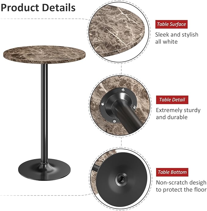 Furmax Bistro Pub Table Round Bar Height Cocktail Table for Home Bar, Round Bar Tables for Party, Dining Room, Living Room and Wedding, Metal Base MDF Top Obsidian, 40.6 Inch Height (2, Faux Marble)