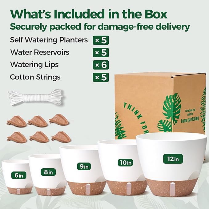 T4U 5 Pack Self Watering Pots (6"+8"+9"+10"+12") - Water Level Indicator & Deep Reservoir, Mess-Free Planters for Busy People, Beginners & Gardeners, Fit Most Plants, Indoor Outdoor Use (White)