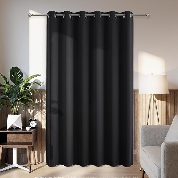 Joydeco Blackout Patio Sliding Door Curtains 90 Inches Long, Grommet Privacy Room Divider Curtains, Extra Wide Thermal Blackout Drapes for Bedroom Living Room (Black, 80Wx90L, 1 Panel)
