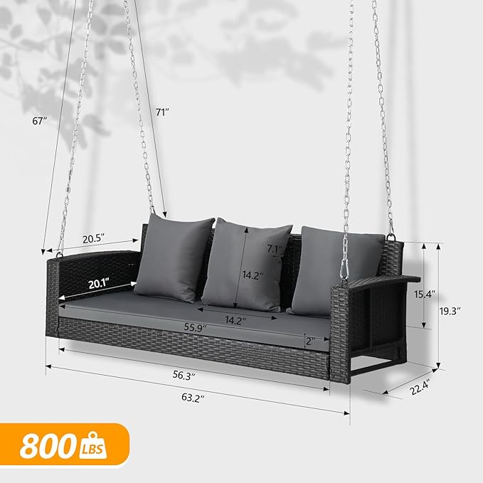 VINGLI Heavy Duty 800 LBS Wicker Hanging Porch Swing with Cushions & Chains, 5FT Outdoor Rattan Swing Bench for Garden, Yard, Lawn (Black)