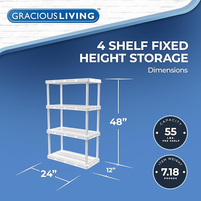 Gracious Living 4 Shelf Knect-A-Shelf Ventilated Light Duty Storage Home Organizer with Adjustable Shelves for Garage, Basement, and Laundry, White