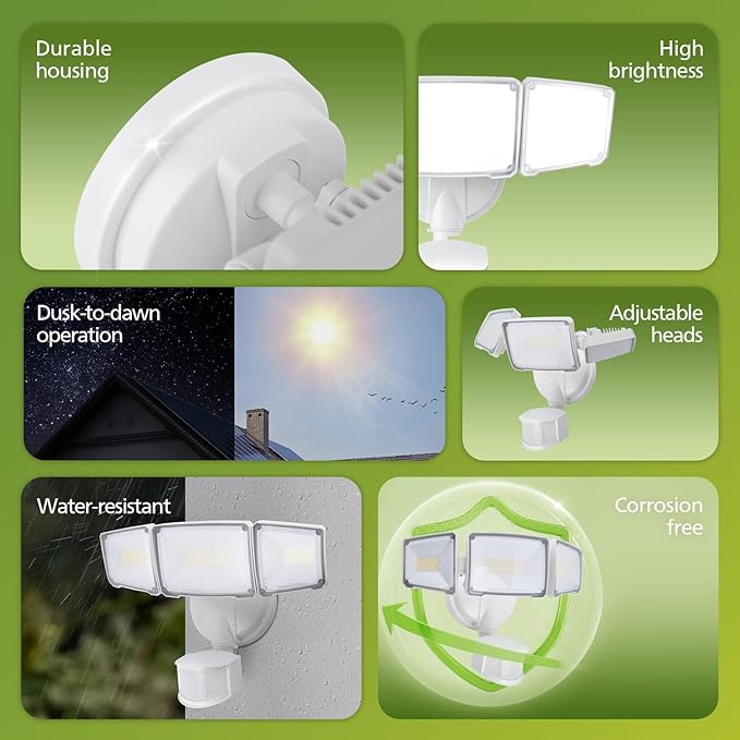Philips 72W 7400LM LED Security Lights w/PIR Motion Sensor Outdoor, 5000K Daylight Dusk to Dawn Aluminum Flood Light, 3 Adjustable Heads, Waterproof for Garage, Yard, Porch